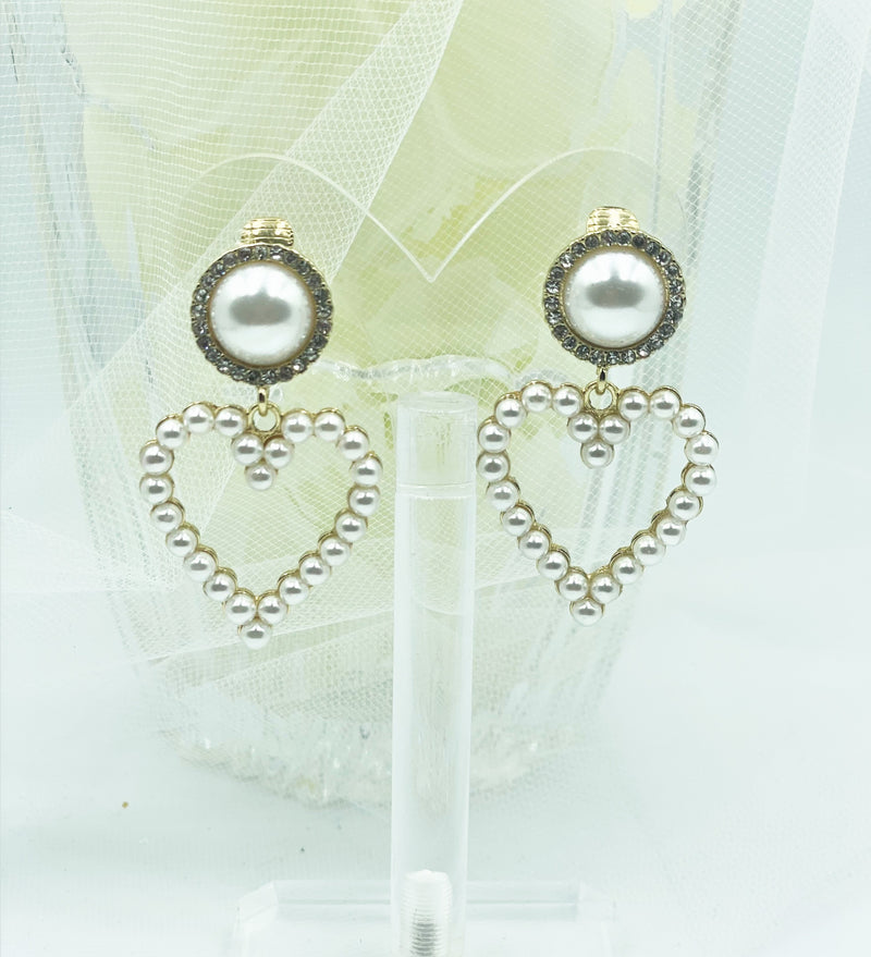 Clip on 2" gold, white pearl heart dangle earrings with clear stones