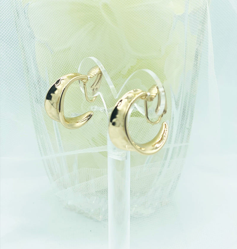 Clip on 1" gold bent hammered open back hoop earrings