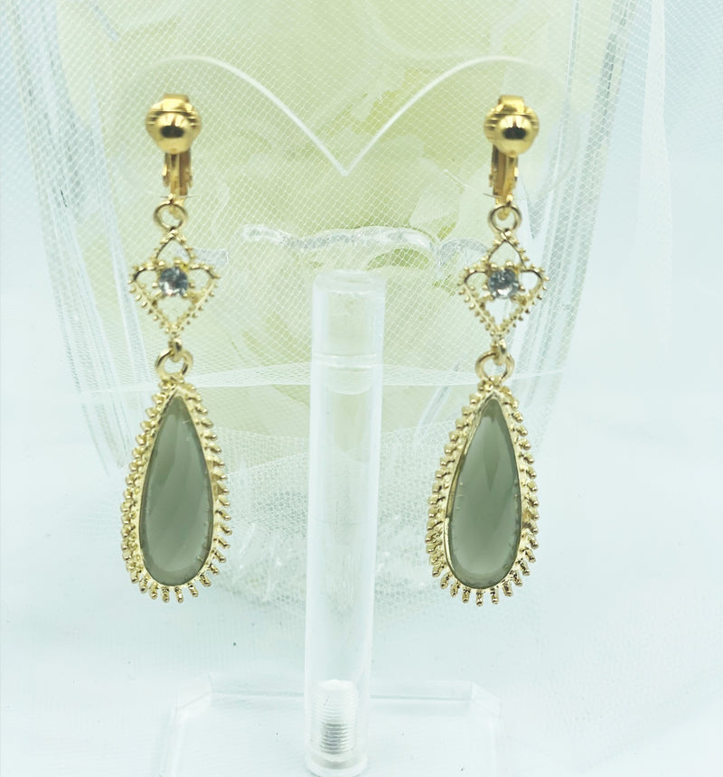 Clip on 2 3/4" gold and gray stone long teardrop earrings w/clear stone