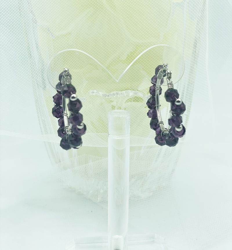 Pierced 1 1/2" silver and purple bead hoop earrings
