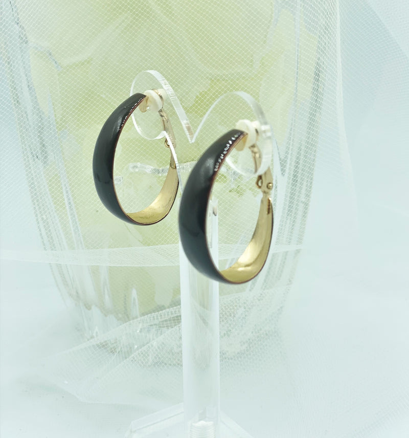 Clip on 1 1/2" gold and brown oval hoop earrings