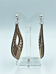 Clip on XL long silver and brown cutout pointed wood earrings