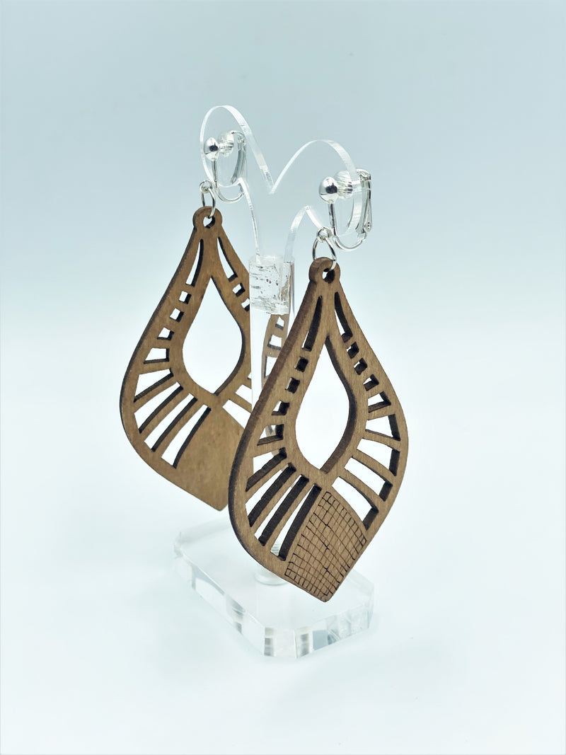 Clip on XL long silver and brown cutout pointed wood earrings