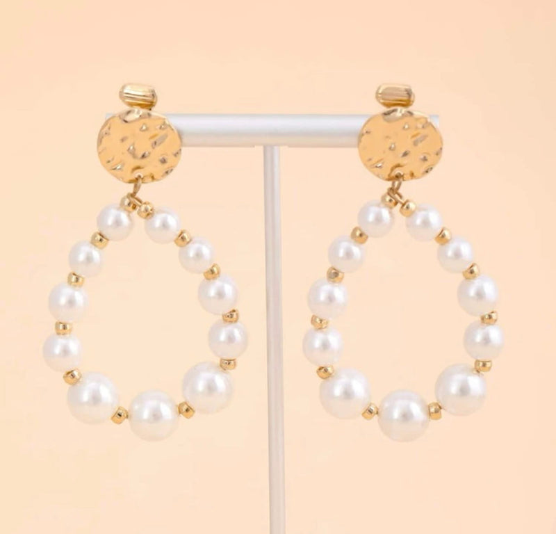 Clip on 2 1/2" gold hammered top dangle white pearl hoop earrings
