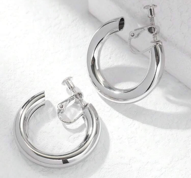 Trendy 1 1/4" clip on shiny silver open back hollow center hoop earrings