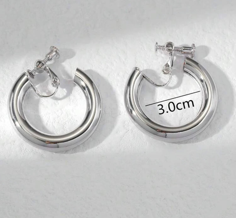 Trendy 1 1/4" clip on shiny silver open back hollow center hoop earrings