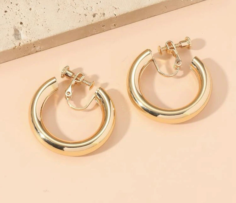 Trendy 1 1/2" clip on shiny gold open back hollow center hoop earrings