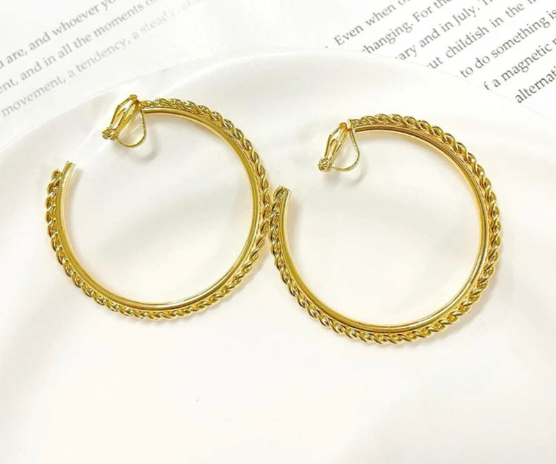 Clip on 2" large gold rope edge open back hoop earrings