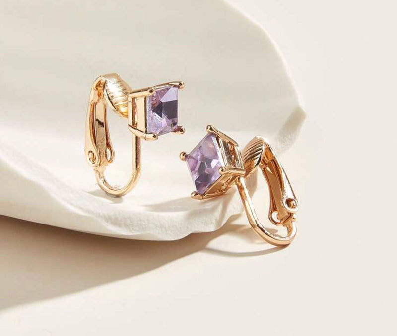 Clip on 1/2" small gold and square purple stone earrings