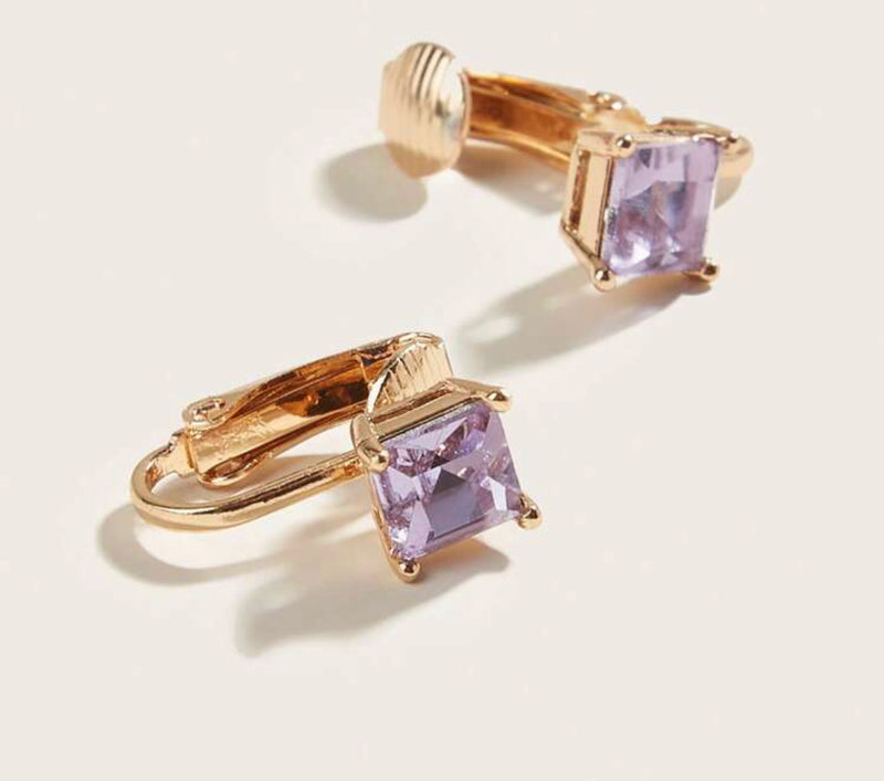 Clip on 1/2" small gold and square purple stone earrings