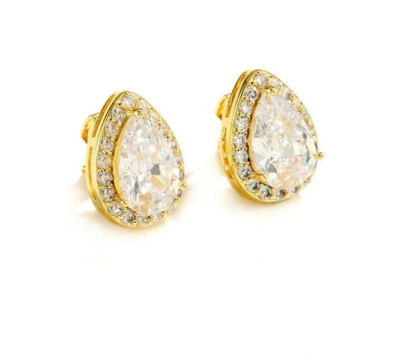 Clip on 3/4" small gold and clear stone teardrop earrings