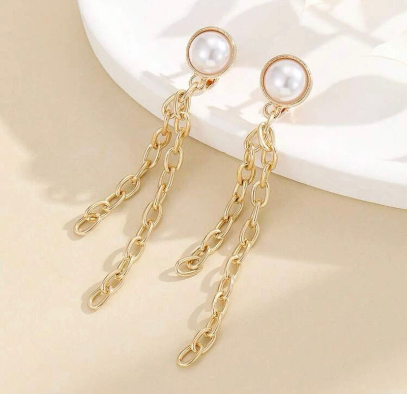 Clip on 2 1/4" gold stick white pearl teardrop dangle earrings