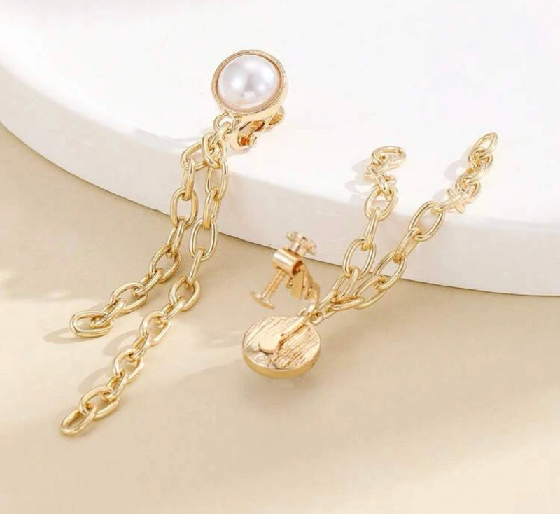 Clip on 3 1/4" gold chain white pearl dangle earrings