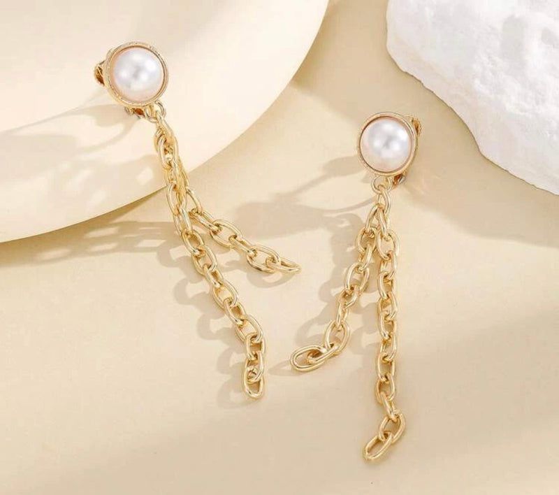 Clip on 3 1/4" gold chain white pearl dangle earrings