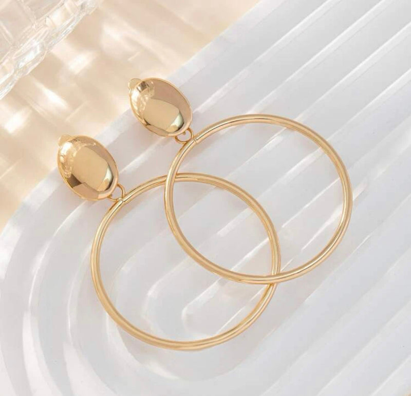 Classy 3" XL clip on shiny gold dangle hoop earrings