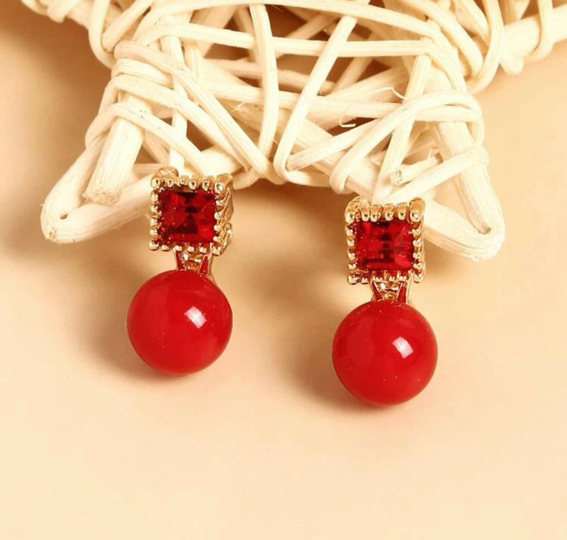 Clip on 3/4" small gold, red stone and red bead earrings