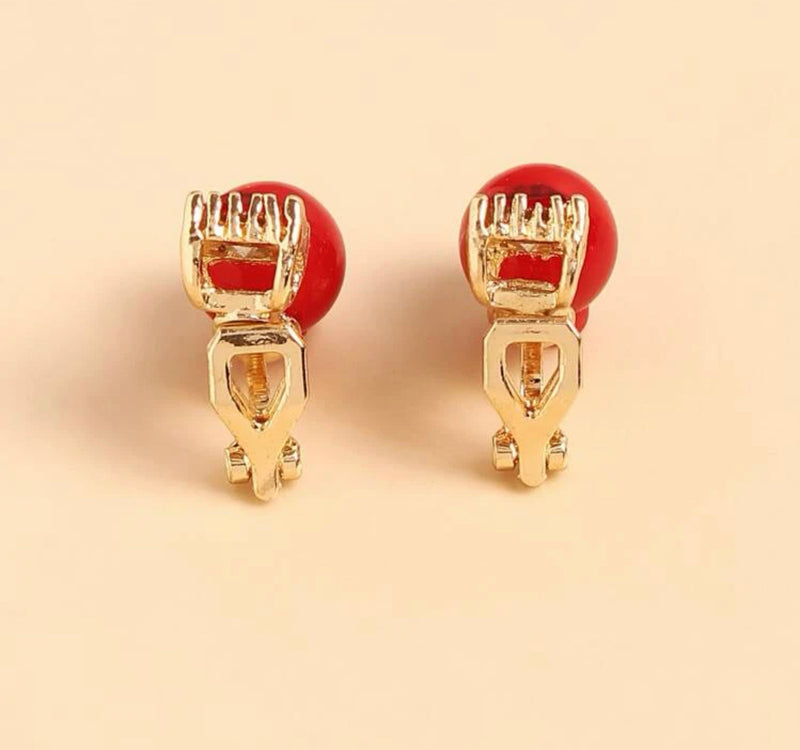 Clip on 3/4" small gold, red stone and red bead earrings