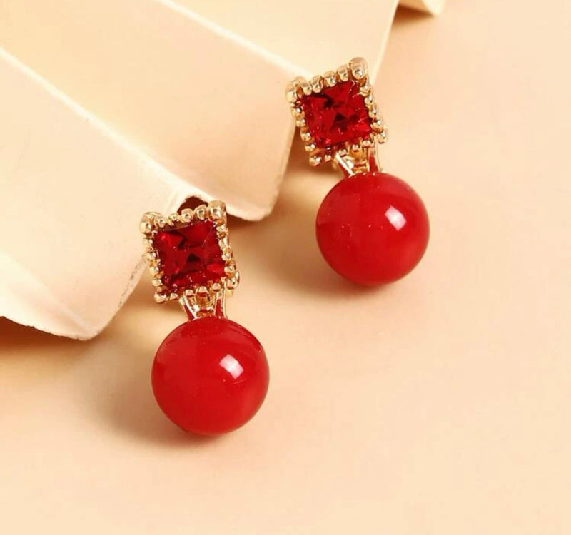 Clip on 3/4" small gold, red stone and red bead earrings