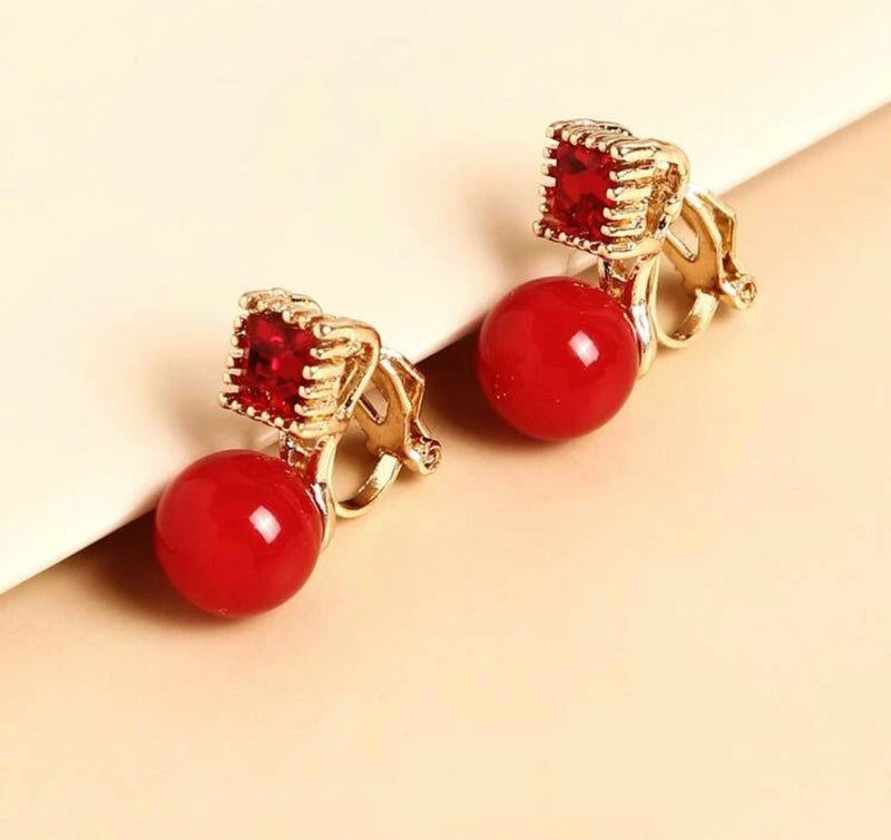 Clip on 3/4" small gold, red stone and red bead earrings