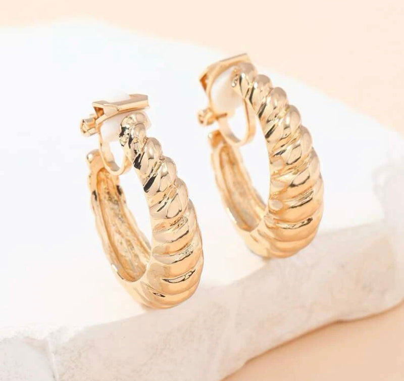 Clip on 1" gold indented scoop style open back hoop earrings