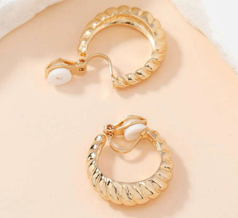 Clip on 1" gold indented scoop style open back hoop earrings