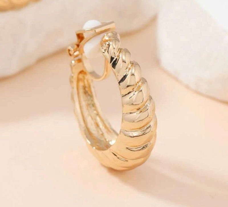 Clip on 1" gold indented scoop style open back hoop earrings