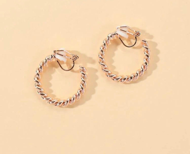 Trendy 1" clip on rose gold twisted hoop earrings