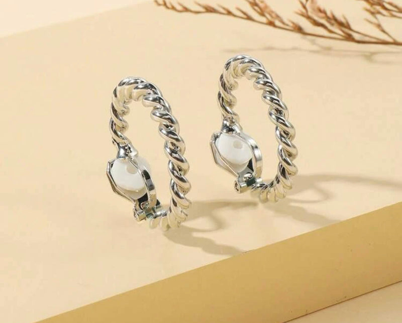 Trendy 1" clip on silver twisted hoop earrings