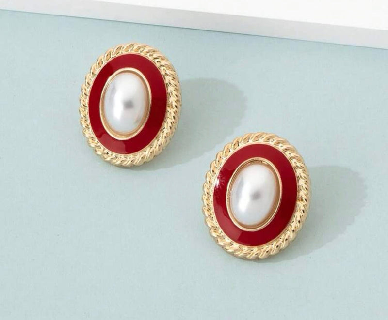 Clip on 1" gold, red and white pearl oval button style earrings