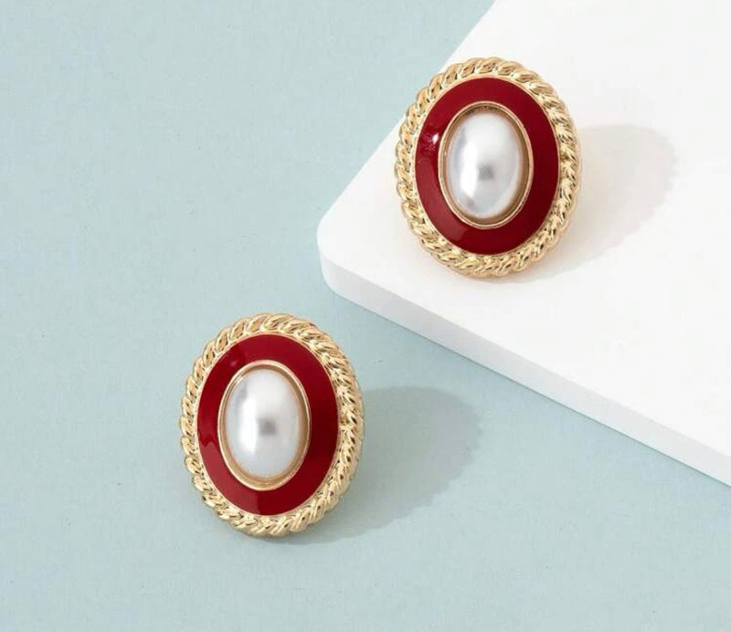 Clip on 1" gold, red and white pearl oval button style earrings