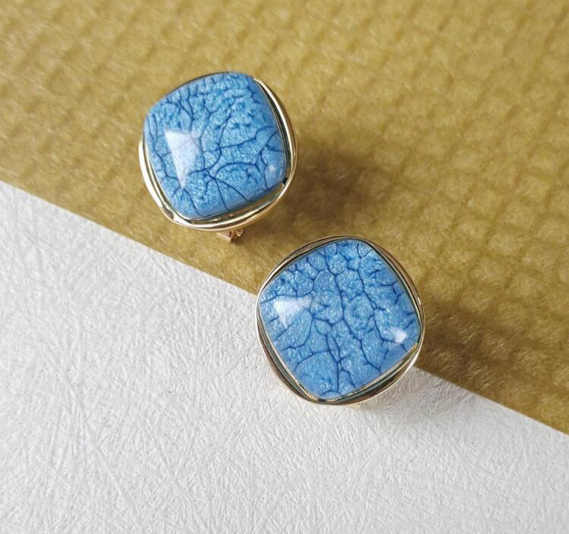 Pierced 3/4" clip back gold an blue stone square button style earrings