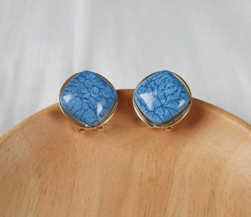 Pierced 3/4" clip back gold an blue stone square button style earrings