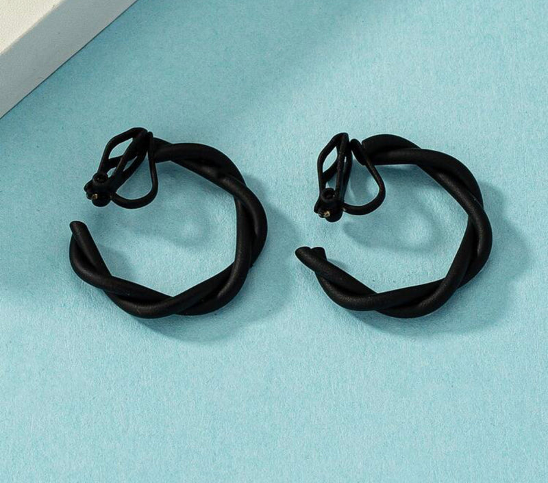 Trendy 1" clip on black twisted open back hoop earrings