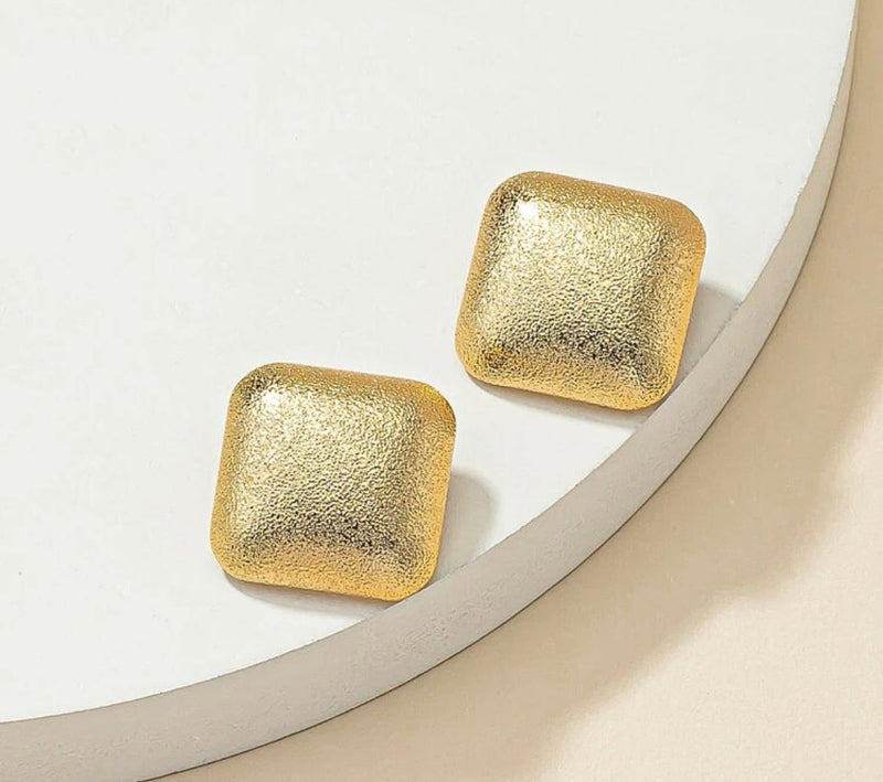 Classy clip on 1" textured gold square button style earrings