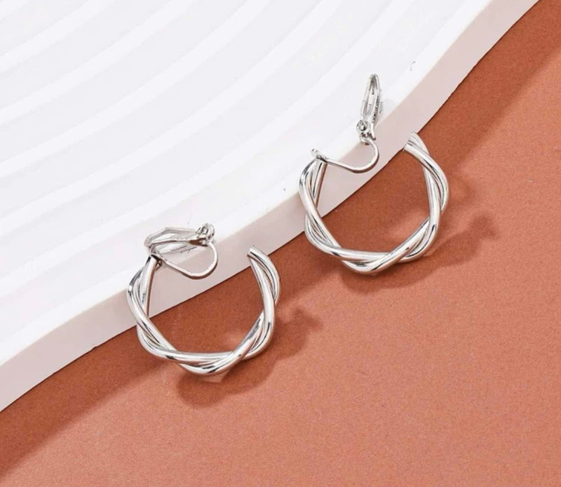Trendy 1" clip on silver twisted open back hoop earrings