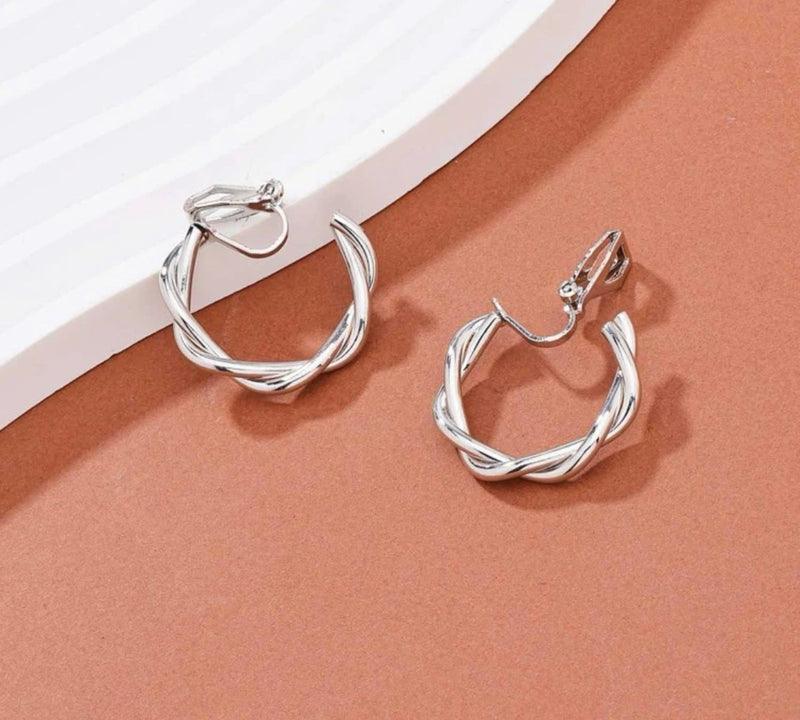 Trendy 1" clip on silver twisted open back hoop earrings
