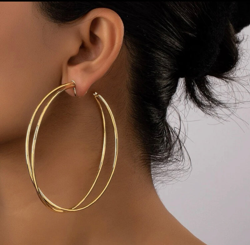 Clip on 3 1/4" XL shiny gold double layer twisted open back hoop earrings