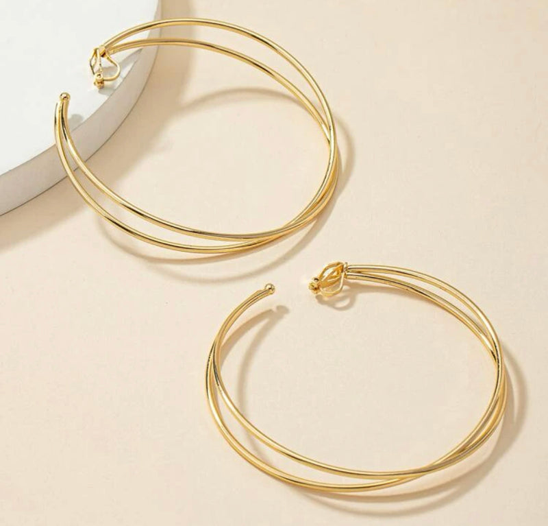 Clip on 3 1/4" XL shiny gold double layer twisted open back hoop earrings