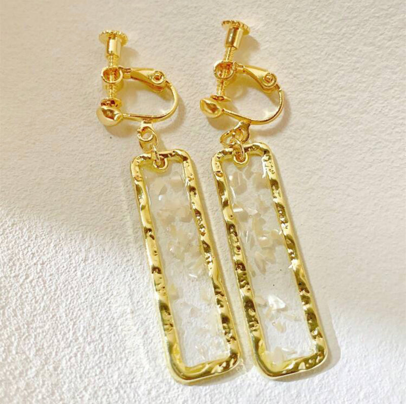 Clip on 2" gold hammered edge long square glitter earrings