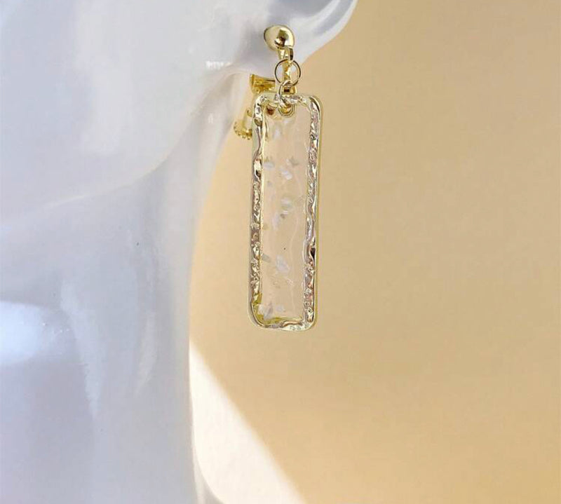 Clip on 2" gold hammered edge long square glitter earrings