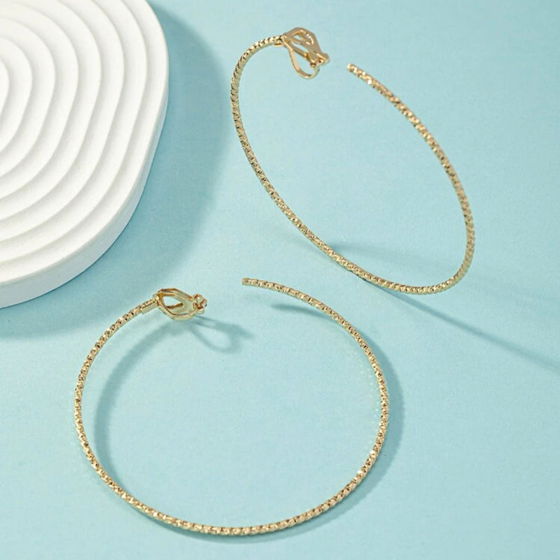 Trendy 3" XL clip on sparkle gold wire open back hoop earrings