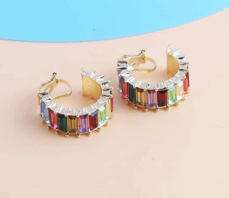 Clip on 1" gold multi colored stone wide hoop earrings