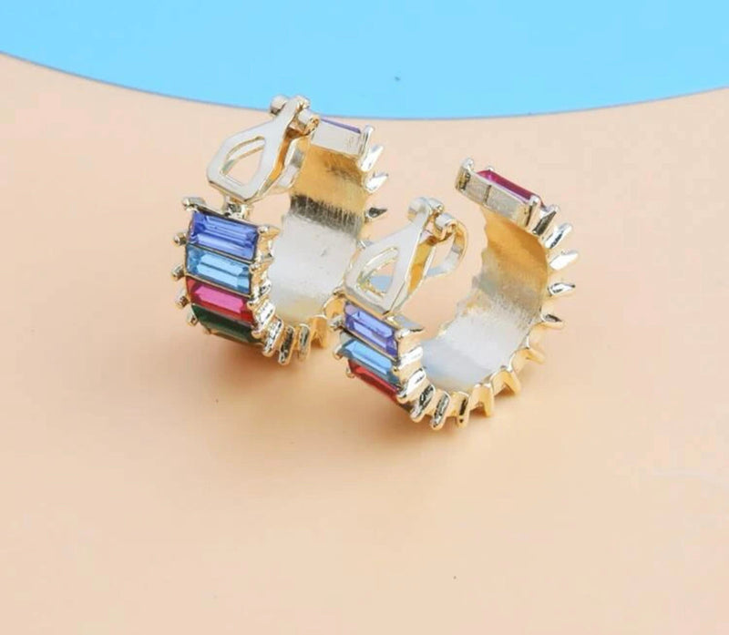 Clip on 1" gold multi colored stone wide hoop earrings