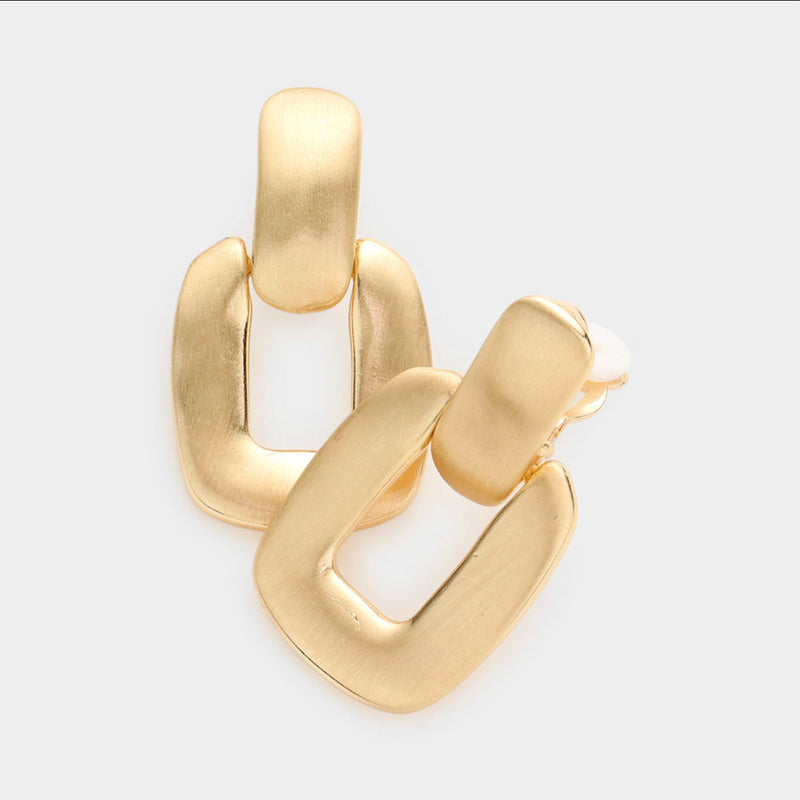 Clip on 1 1/2" matte gold dangle square door knob earrings
