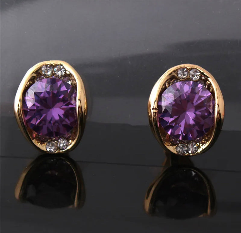 Clip on 1/2" small gold & purple stone earrings with clear stone edges