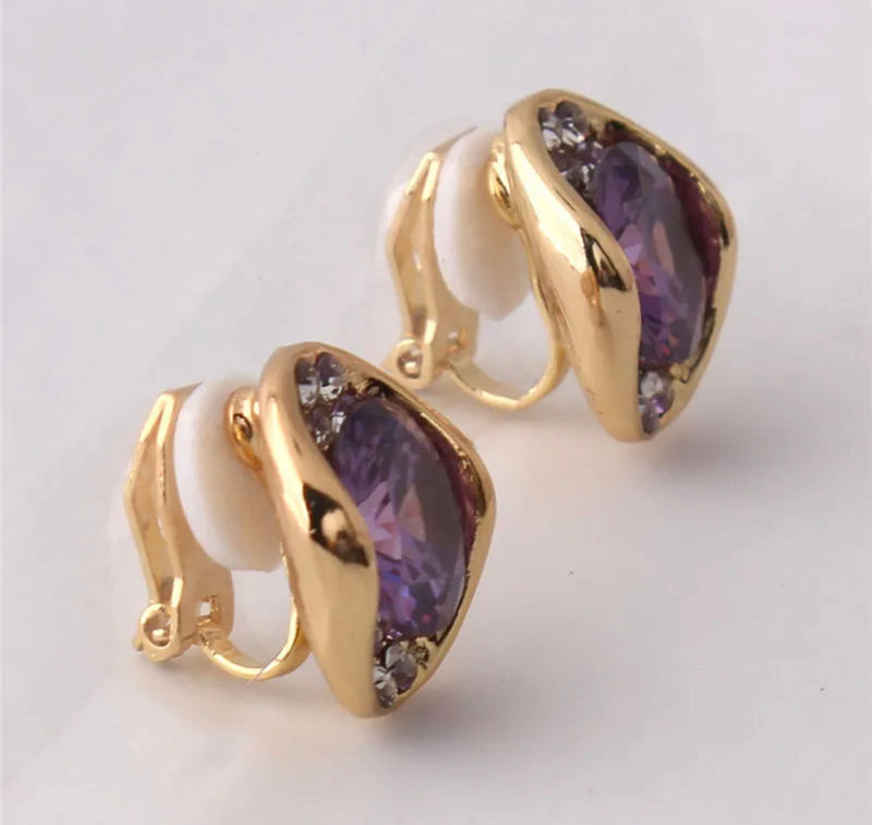 Clip on 1/2" small gold & purple stone earrings with clear stone edges