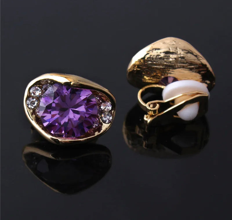 Clip on 1/2" small gold & purple stone earrings with clear stone edges