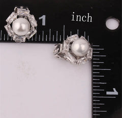 Clip on small silver and white pearl earrings with straight clear stone edge