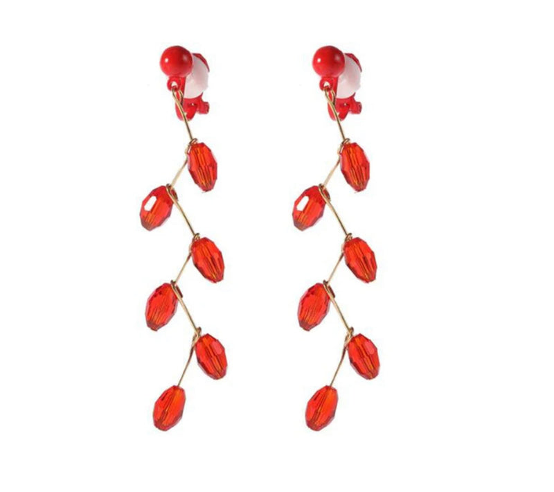 Clip on 2 3/4" gold wire vine red bead dangle earrings