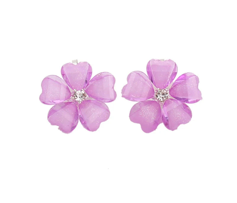 Clip on 3/4" silver and glitter pink heart flower earrings with clear stone